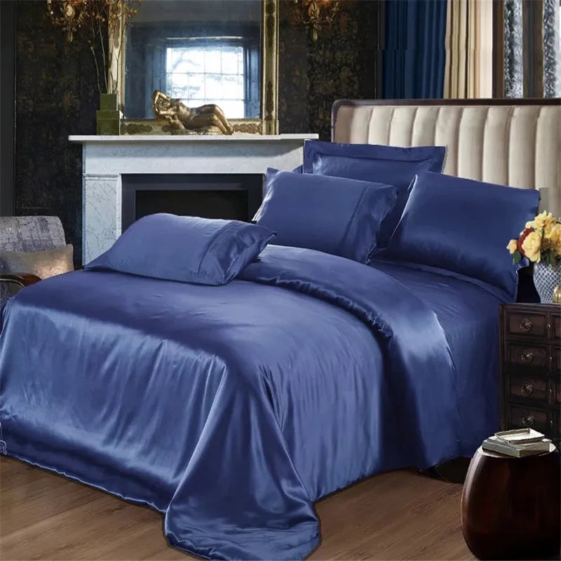 Bed Sheet Set,  22 Mm,  100% Mulberry Silk , Seamless,  Dark Blue  Silvery Colors, Fitted Sheet, Duvet Cover,All Size, Customize