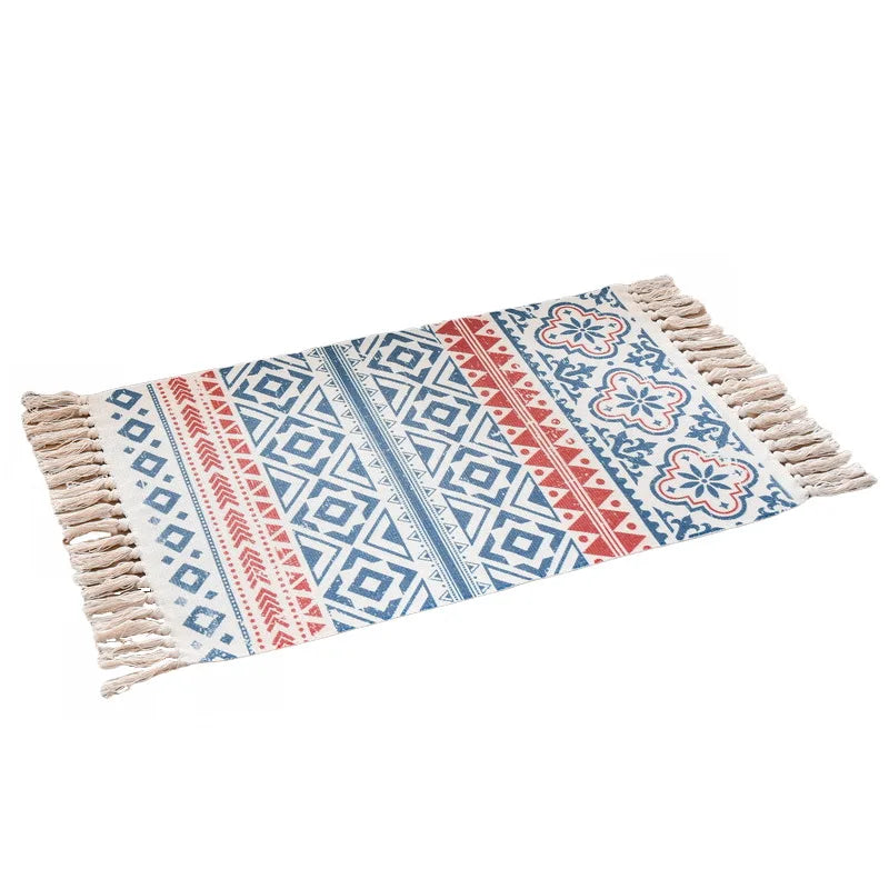 Retro Boho Cotton Linen Tassel Woven Carpet Geometric Floor Mat Door Bedroom Tapestry Decorative Blanket Living Room Area Rug