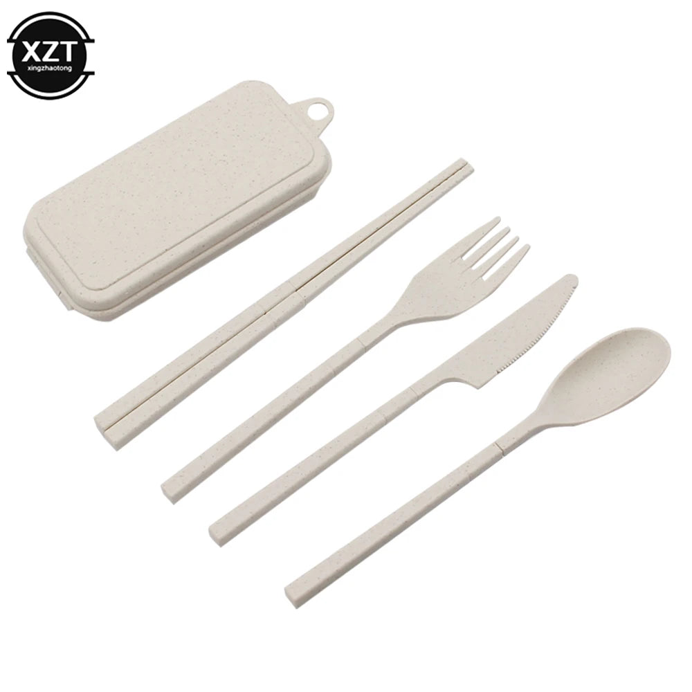 Foldable Wheat Straw Spoon Fork Knife Chopsticks Cutlery Set With Box Removable Dinnerware For Outdoor Travel Picnic Tableware