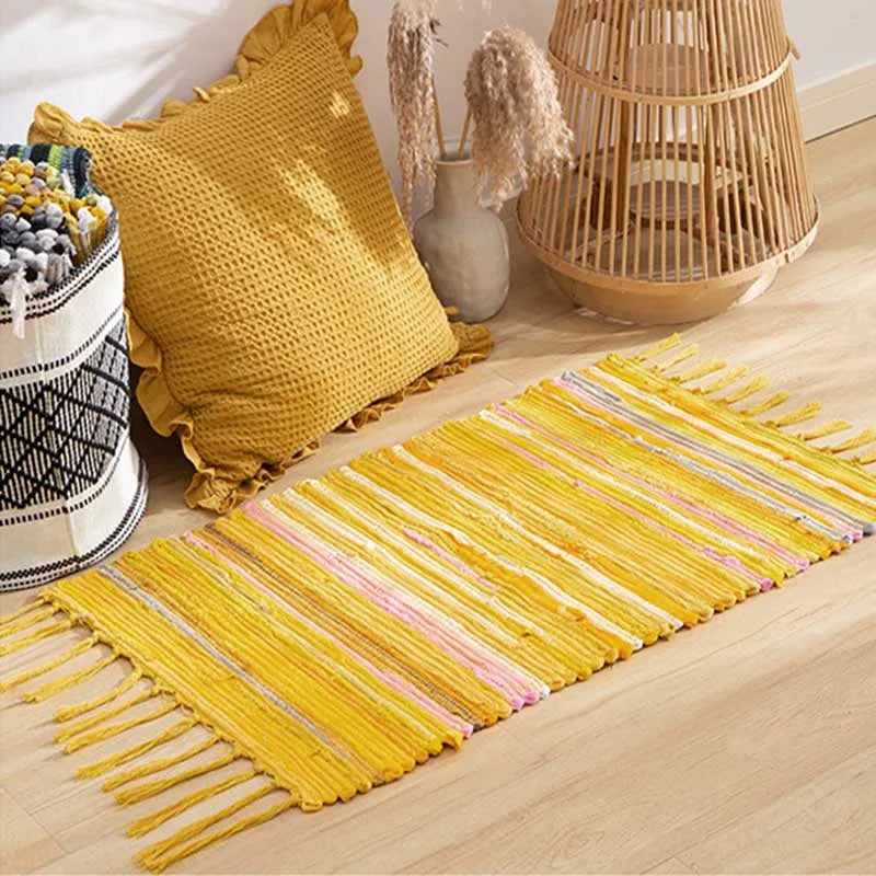 Rag Cotton Tassel Door Mat Indoor Machine Washable Bedroom Carpet Rugs Stripe Handmade Kitchen Area Rug Hallway Entrance Doormat