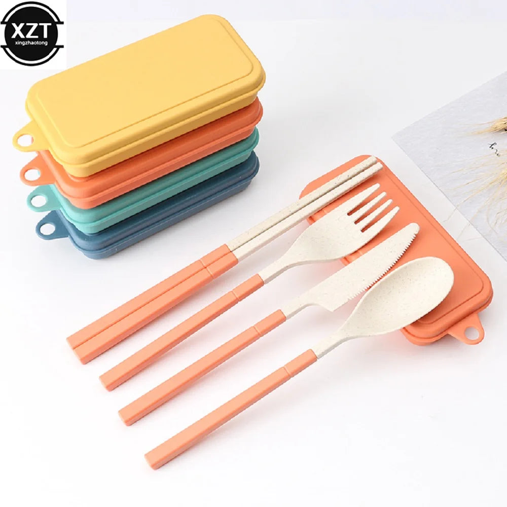 Foldable Wheat Straw Spoon Fork Knife Chopsticks Cutlery Set With Box Removable Dinnerware For Outdoor Travel Picnic Tableware
