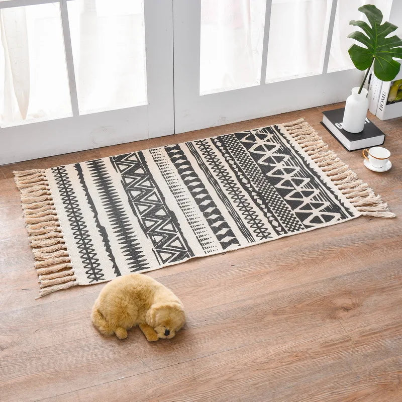 Retro Boho Cotton Linen Tassel Woven Carpet Geometric Floor Mat Door Bedroom Tapestry Decorative Blanket Living Room Area Rug