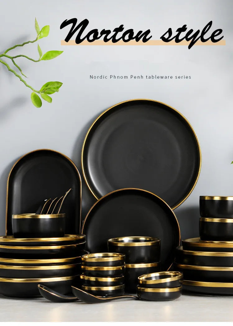 Gilt Rim Black Porcelain Dinner Plates Kitchen Dishes Ceramics Tableware Food Tray Rice Salad Noodles Bowl Cutlery Set