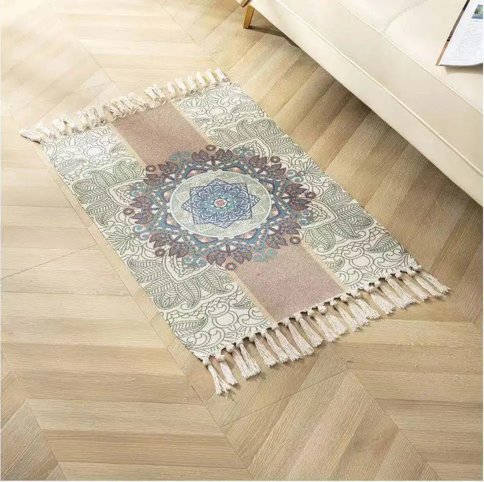 Retro Boho Cotton Linen Tassel Woven Carpet Geometric Floor Mat Door Bedroom Tapestry Decorative Blanket Living Room Area Rug