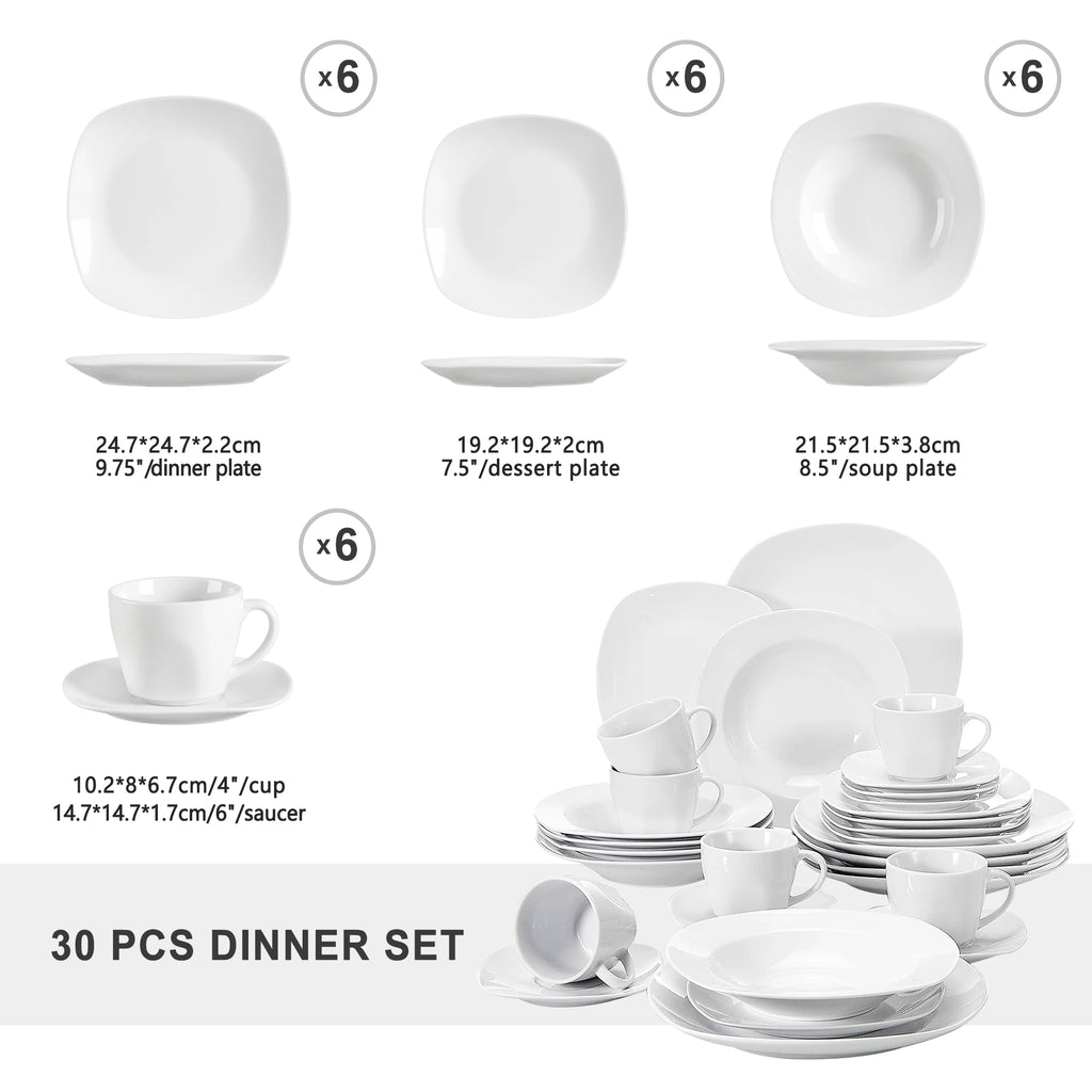 MALACASA Elisa 30-Piece Porcelain Dinnerware Set – Service for 6 with Plates, Bowls, Cups & Saucers