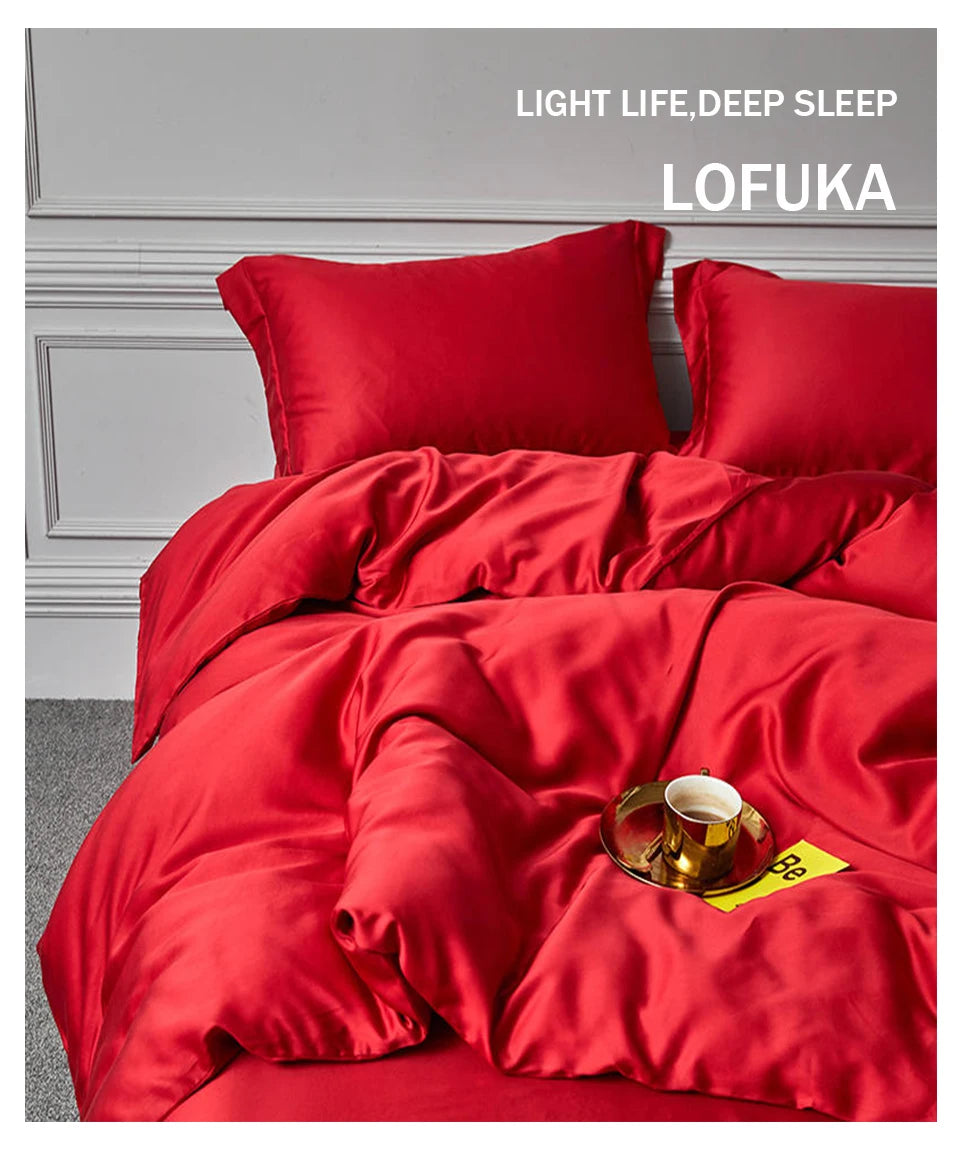 Lofuka Luxury Beauty 100% Silk Bedding Set Pure Silk Women Quilt Cover Double Flat Sheet Fitted Sheet Pillowcase For Deep Sleep