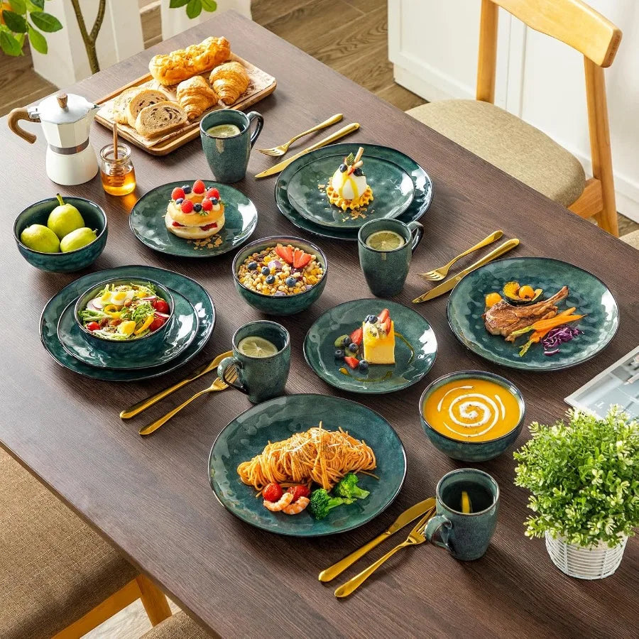 Starry 16 Pieces Green Dinnerware Set Reactive Glaze Dinner Sets Plates and Bowls Set for 4 16 Pcs Ceramic Dish Set Stoneware