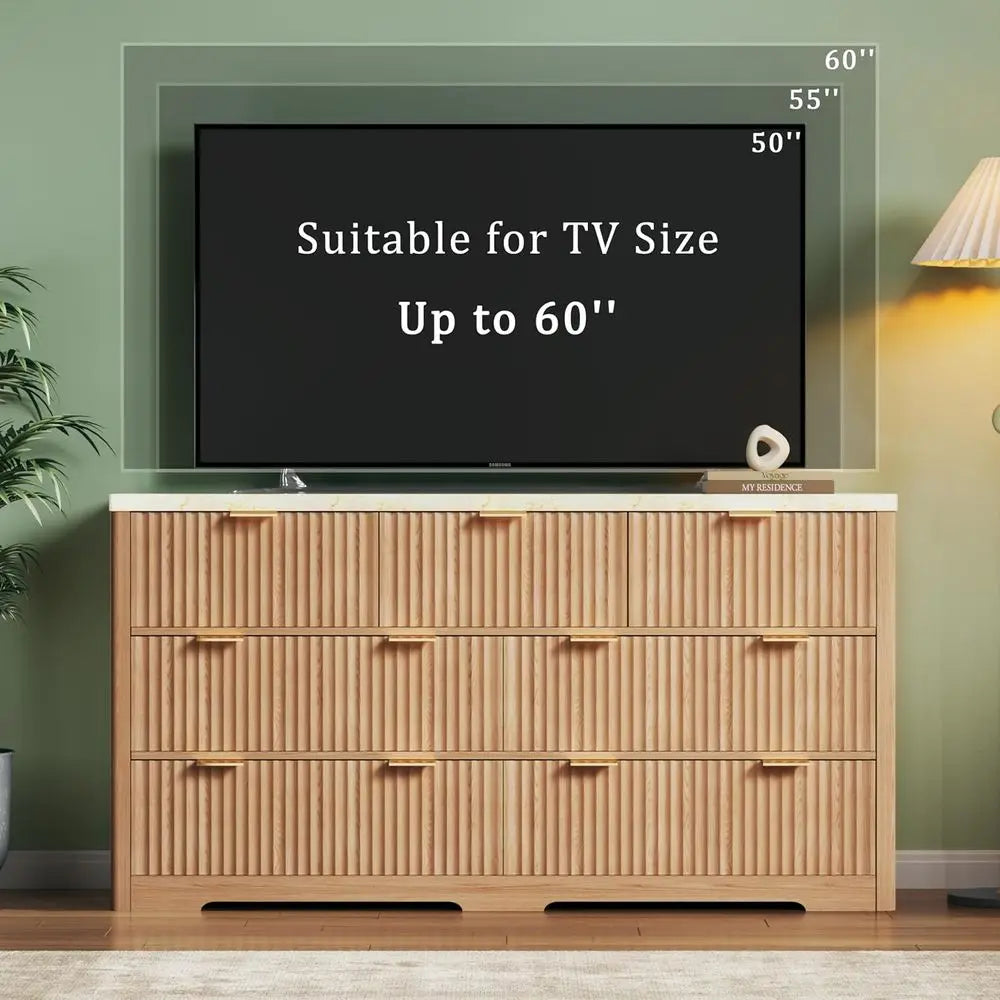 Mid-Century 7-Drawer Fluted Dresser with Faux Marble Top and Metal Handles, 53 Wide, Natural Oak Wood TV Stand and Closet Organi