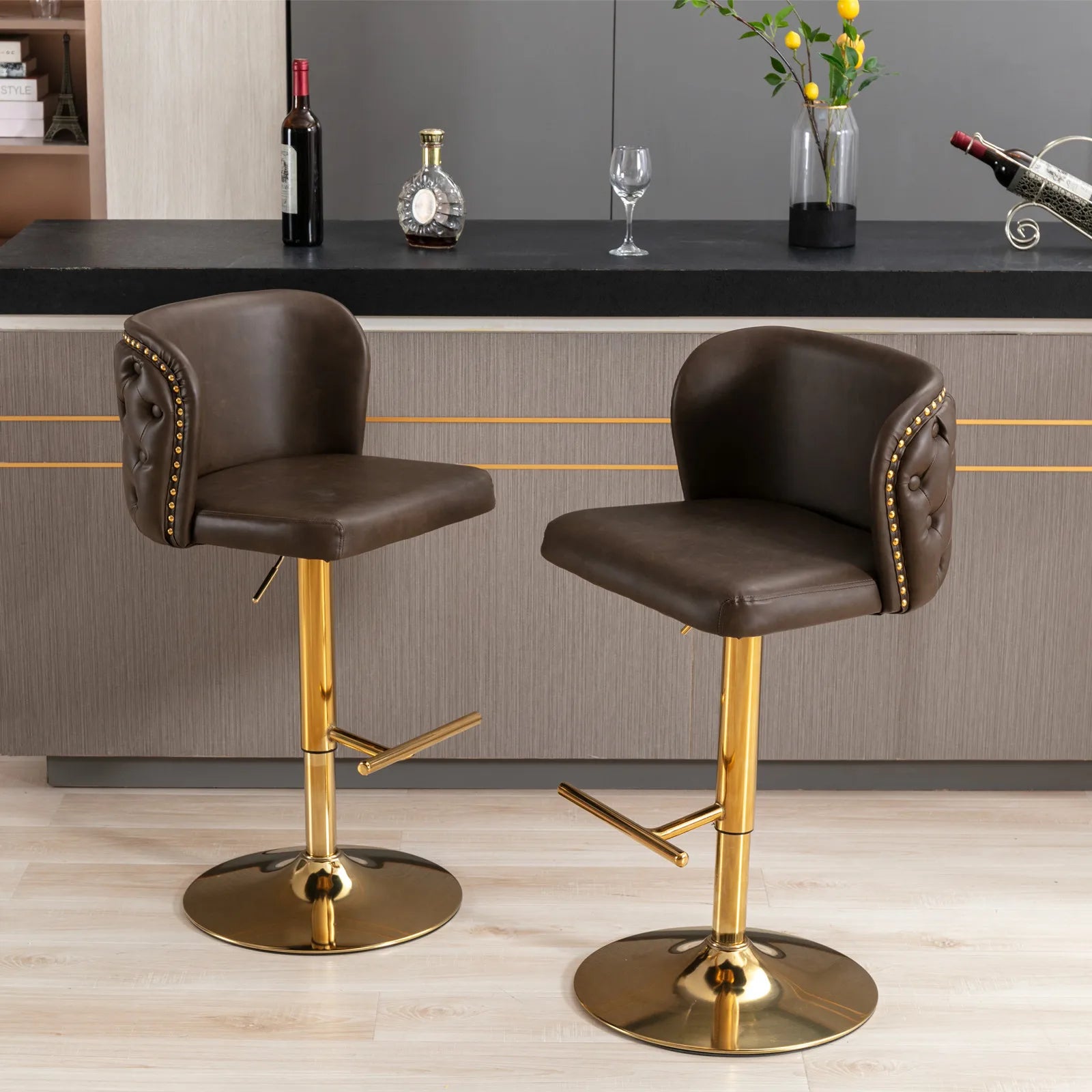 PU Leather Swivel Bar Stools – Adjustable Counter Chairs with Gold Nailheads (Set of 2)