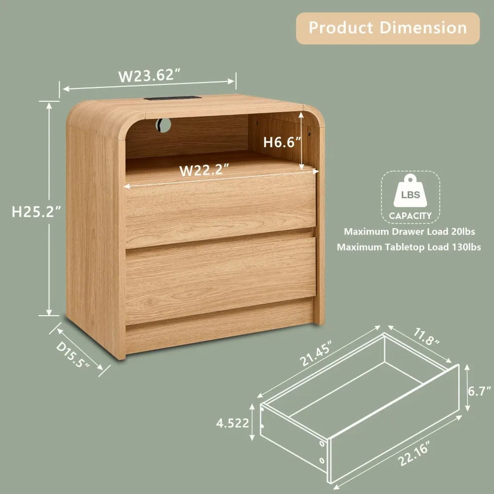 25" Tall Modern Nightstand with Charging Station,23.6'' Wide Wood Bedside Table w/2 Storage Drawers, Large Mid Century End Table