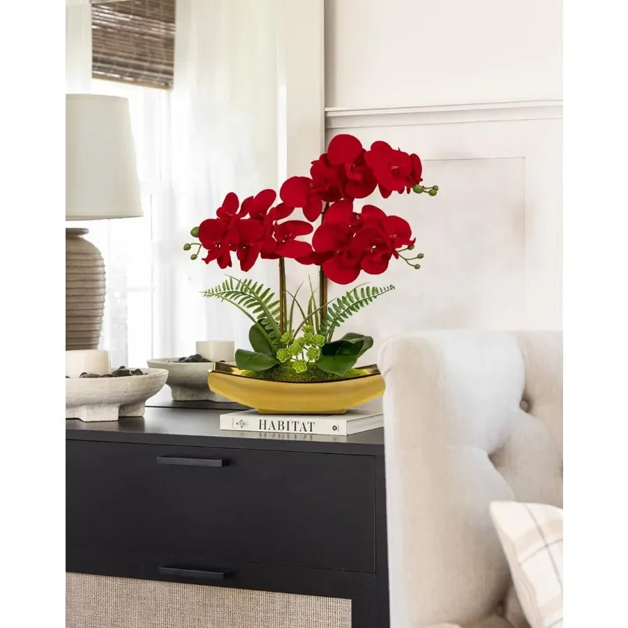 17 Silk Red Orchid Floral Arrangement with Gold Pot Real Touch Faux Orchid Plant for Home Office Room Kitchen Table Centerpiece