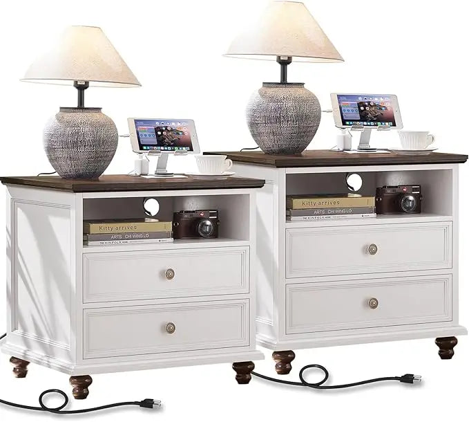 24" Wide Farmhouse Nightstand Set of 2 with Charging Station,End Table with 2 Drawers,Natural Wood Dresser for Bedroom Cabinet