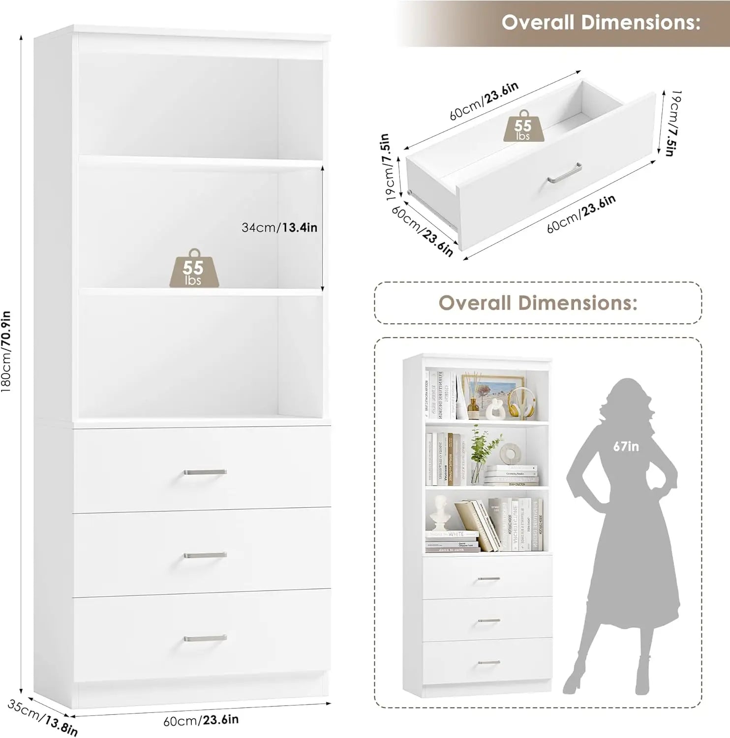 71' White 3-Tier Bookshelf with Drawers, Tall Storage Cabinet for Home Office