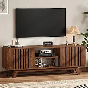 mid-century modern 63" tv stand for 75" tvs with sliding door entertainment center and power outlet