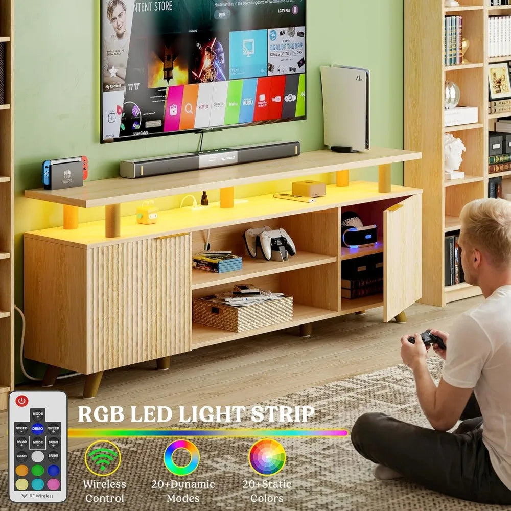 Modern TV Stand for 55-70 Inch TV Entertainment Center with Wooden Storage Cabinets And Power Outlet for Living Room