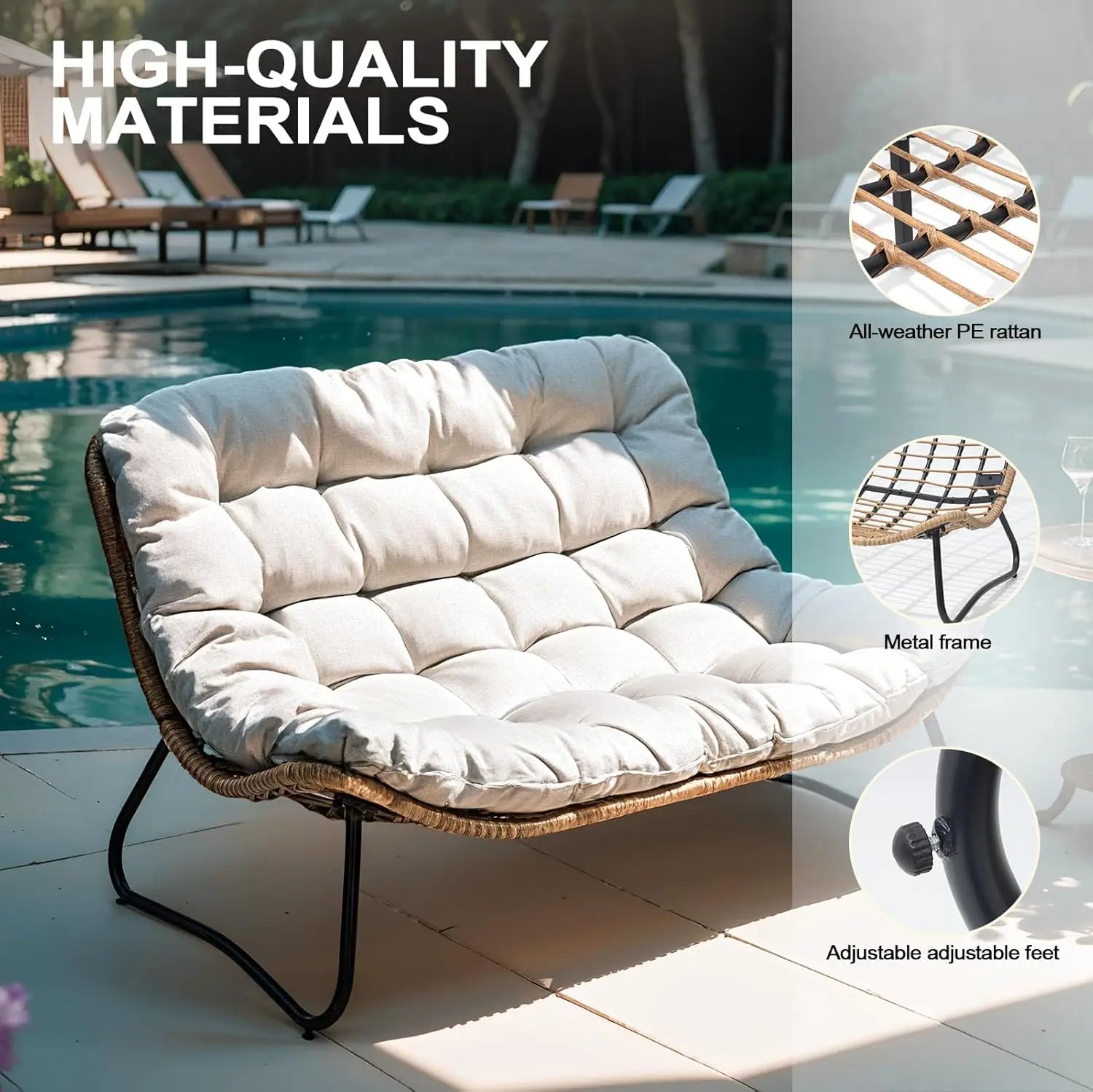 Outdoor Loveseat, 2 Seater Outdoor Couch with Soft Cushion, All-Weather Boho Rattan Patio Furniture for Balcony