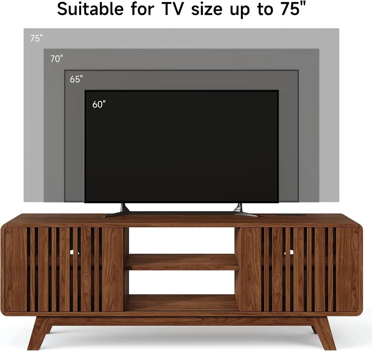 mid-century modern 63" tv stand for 75" tvs with sliding door entertainment center and power outlet