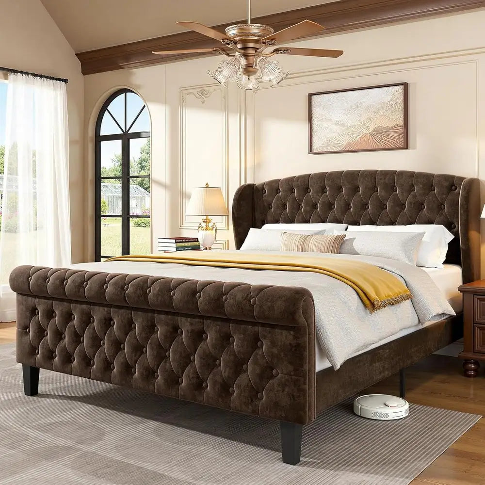 Queen Size Sleigh Bed Frame – Chenille Upholstered with Wingback Headboard & Button-Tufted Scroll Footboard