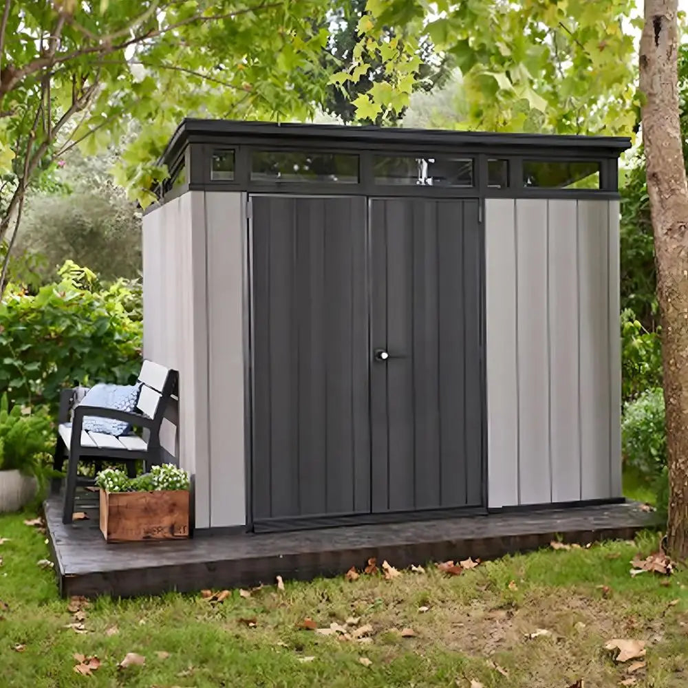 All-Weather Storage Shed: 9x7 Ft with Skylight, Window, Built-In Ventilation, Walls, and Lockable Double Doors for Outdoor Equip