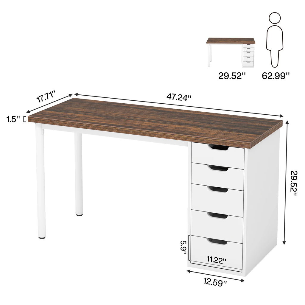 Tribesigns Computer Desk with 5 Drawers – 47-Inch Rustic Brown Home Office Desk with Storage