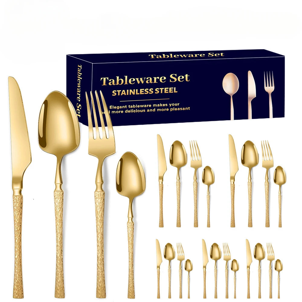 30pcs Hammer Pattern Small Waist Stainless Steel Steak Knife Fork and Spoon Creative Western Style Fork and Spoon Tableware Set