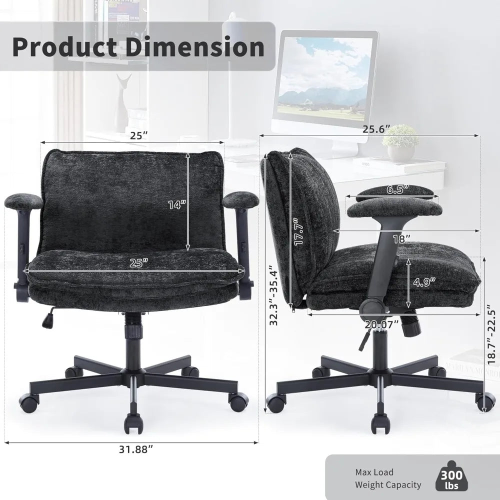 Cross Legged Office Chair with Wheels and Adjustable Flip-Arms, Criss Cross Chair with Thick Cushion, Wide Seat Office Chair