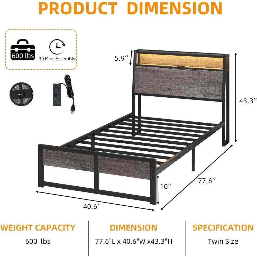 Twin Size Platform Bed Frame with Storage Headboard, LED Lighting & Built-In Charging Port