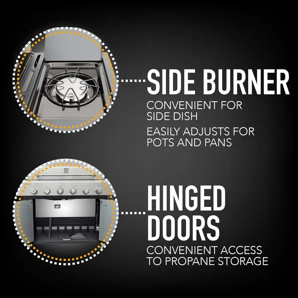 Stainless Steel 6-Burner Propane BBQ Grill with Side Burner, 73,000 BTUs, Cast Iron Grates for Outdoor Cooking