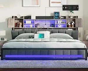 Queen Upholstered Bed Frame with Storage Bookcase Headboard & LED Lights – USB Charging Station