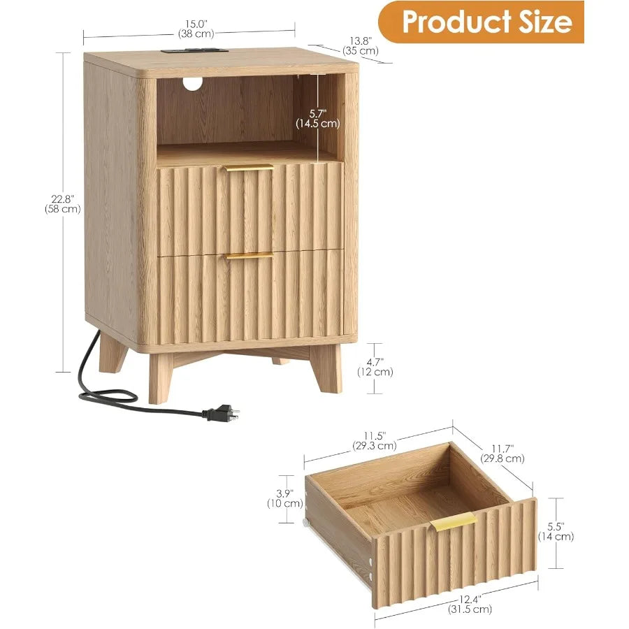 Fluted Nightstand with Charging Station 13.8" D x 15" W x 22.8" H Modern End Table with LED Light Wooden Bedside Table for Bedr