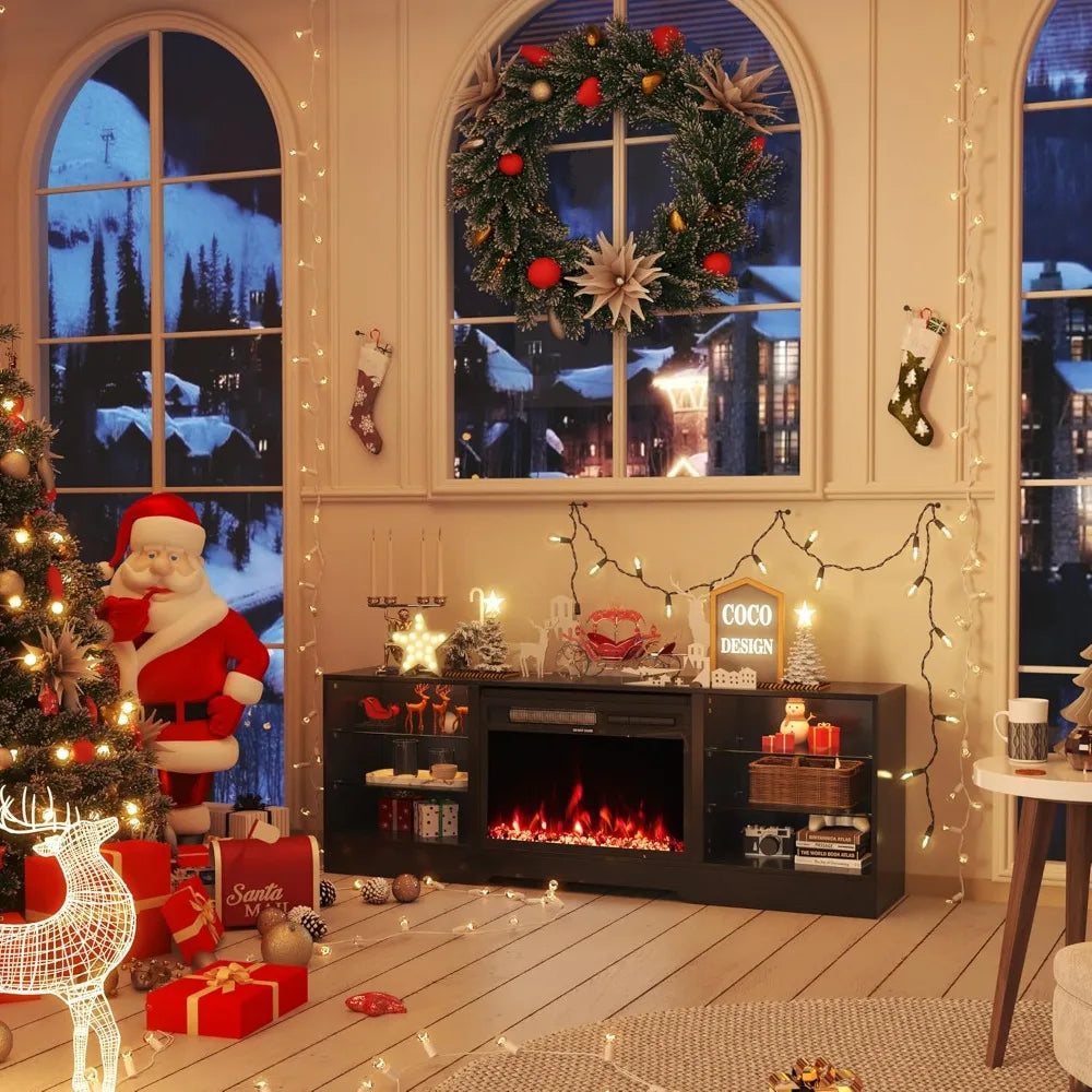 Electric Fireplace TV Stand with 23 Inch Fireplace Wood And Glass Entertainment Console for TVs up to 75 Inch with LED Lights