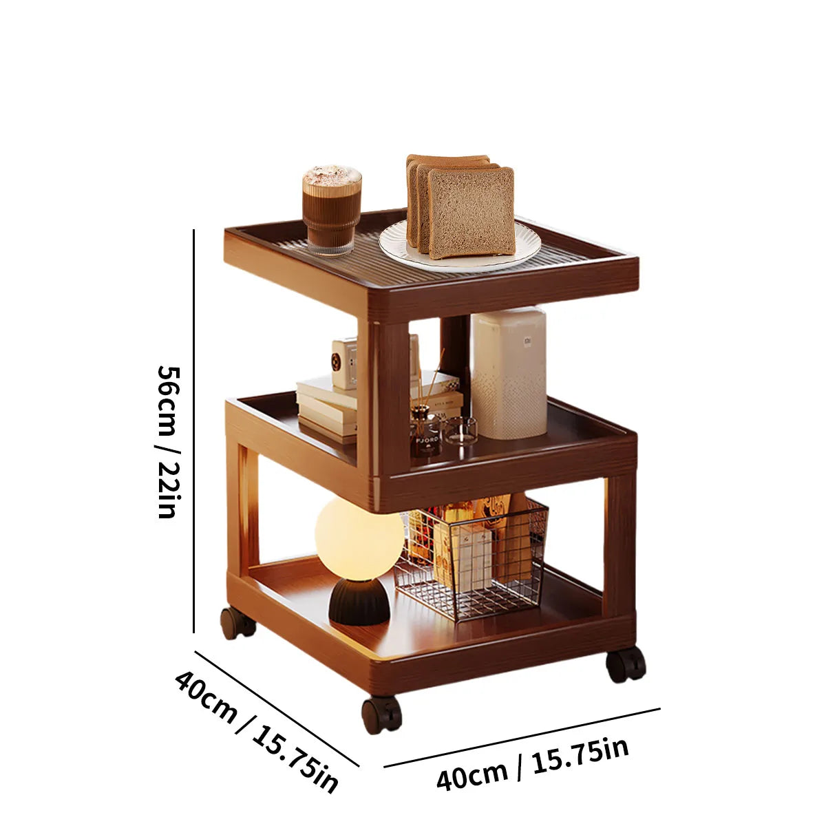 Geometric 3-Tier Bamboo Storage Side Table with Acrylic Surface & Wheels, Tea Brown Living Bedroom Furniture