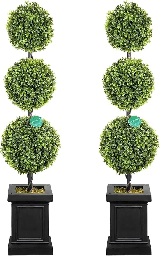 Artificial Outdoor Boxwood Topiary Trees Set of 2, Green All-Year Porch Trees, Durable Boxwood Plants for Year-Round Outdoor Use