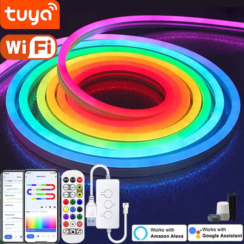 TUYA Neon LED Strip Lights 5V 72LEDs/M Silicone Neon Rope Light with Music Sync RGBIC Dreamcolor Chasing Strip Tape for Room