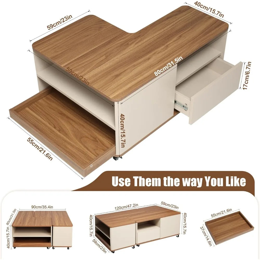 Farmhouse Convertible Coffee Table with Wheels & Storage – Large Wooden Center Table