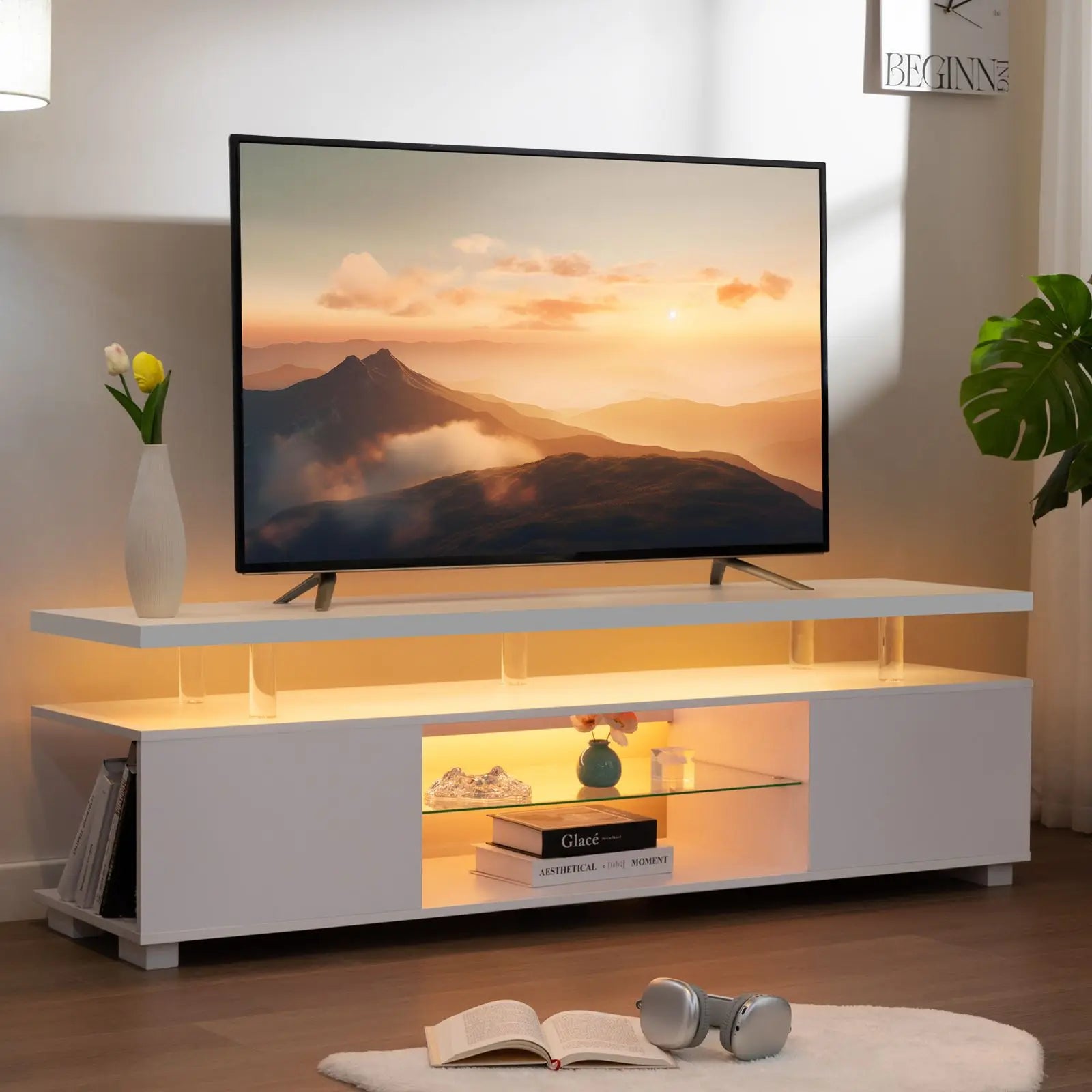 LED TV Stand White Entertainment Center, Gaming Center for 60 65inch TV with Storage, TV Stands for Gaming Living