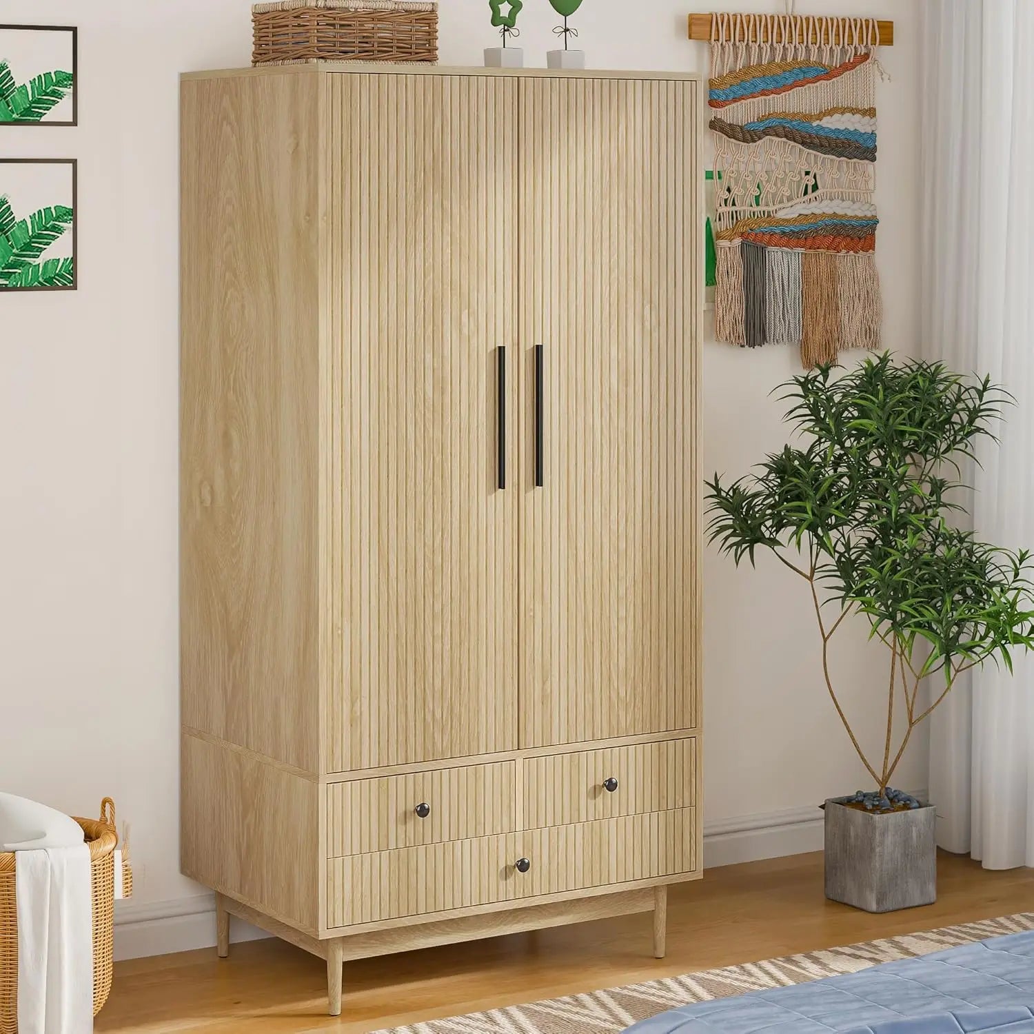 Armoire Wardrobe Closet with 2 Fluted Doors,64.96" Wooden Clothes Storage Cabinet with Hanging Rod and Shelf Storage,Wardrobe Ca