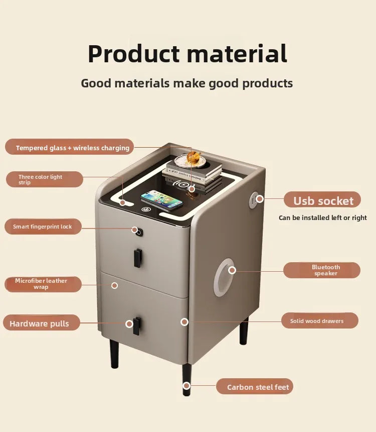 Ultra Narrow Smart Nightstand Luxury Bedside Table Minimalist Solid Wood Storage Cabinet Compact Bedroom Organizer with Charging