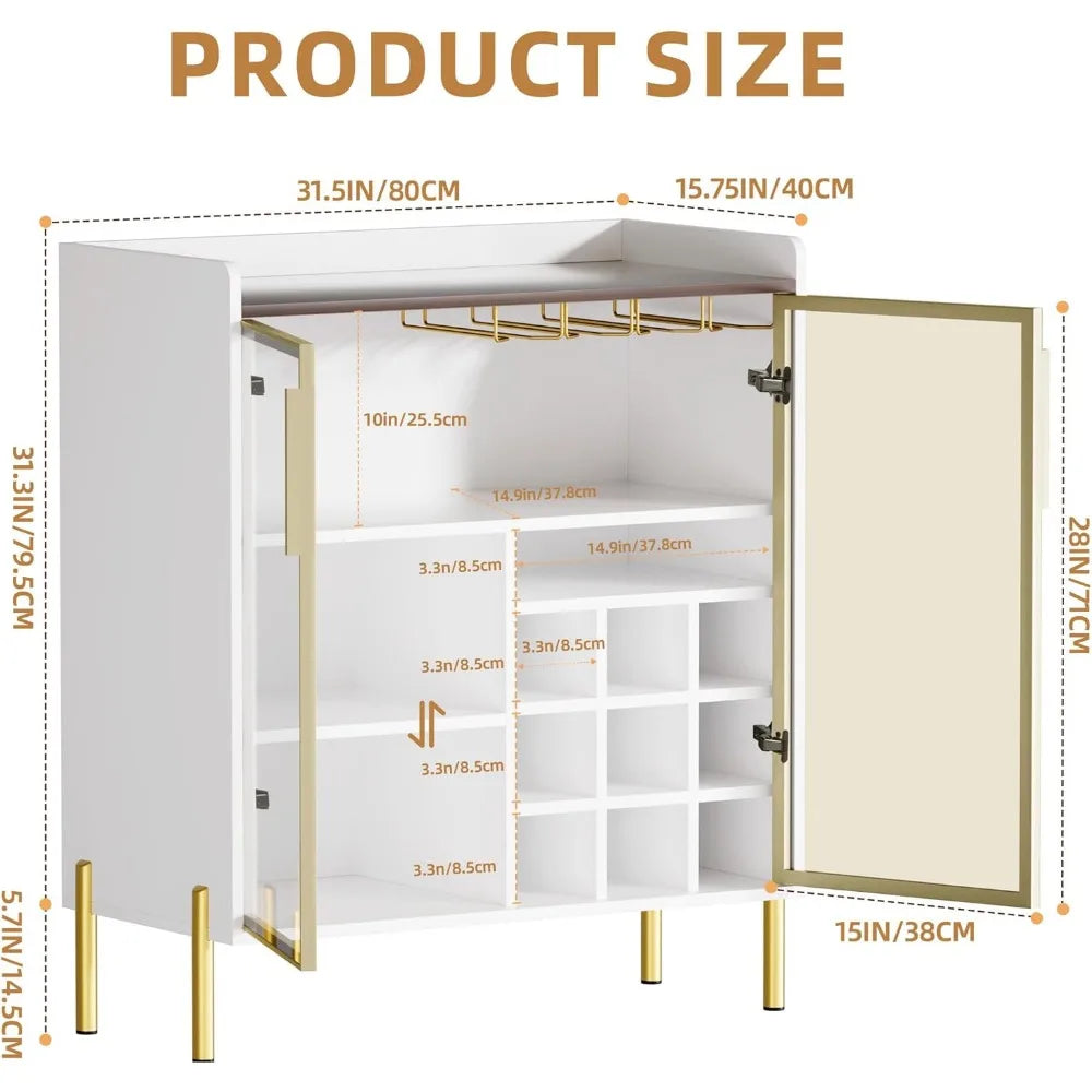 Modern White Coffee Bar Cabinet – Aluminum Frame Glass Door Wine & Liquor Sideboard