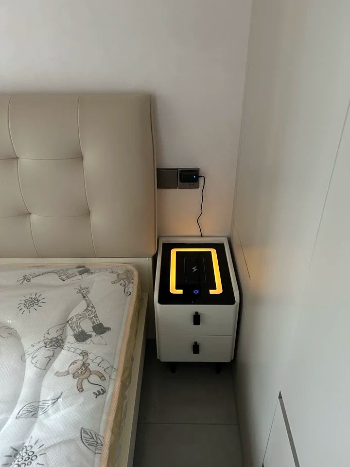 Ultra Narrow Smart Nightstand Luxury Bedside Table Minimalist Solid Wood Storage Cabinet Compact Bedroom Organizer with Charging