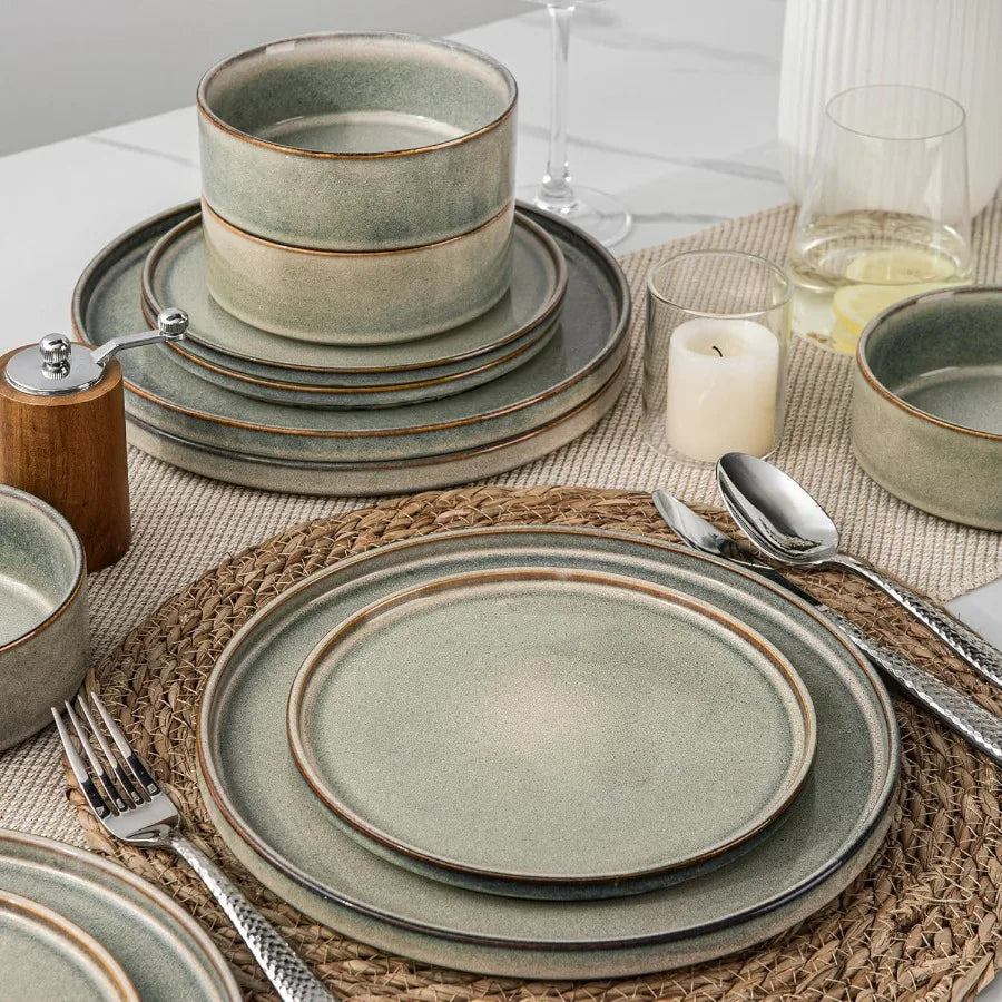 Ceramic Dinnerware Sets Handmade Reactive Glaze Stoneware Plates and Bowls Sets Highly Chip and Crack Resistant Dishwasher and