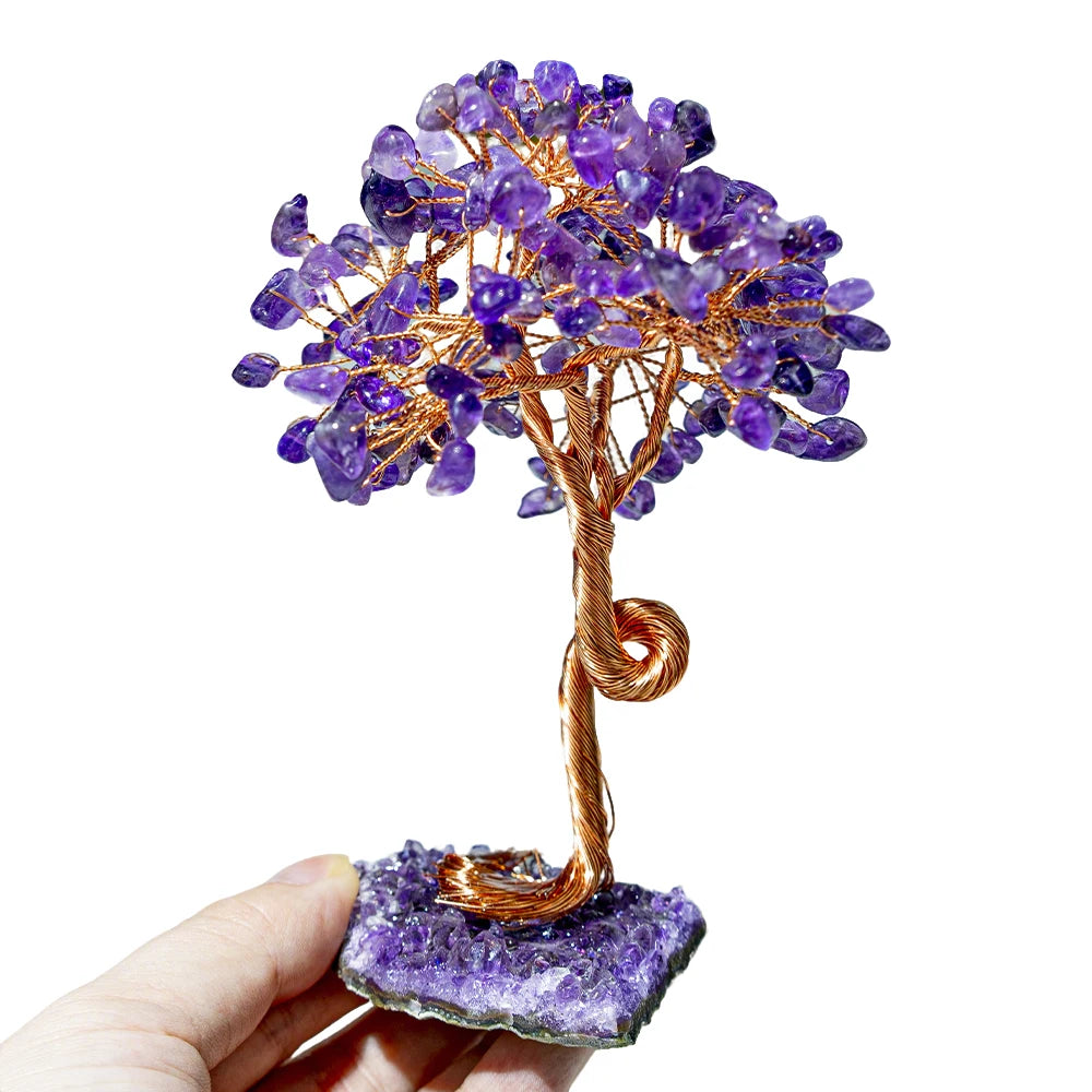 Amethyst Healing Crystals Tree Wrapped with Wire on Natural Crystal Gravel with Base Stone Decoration for Home Desk Living Room