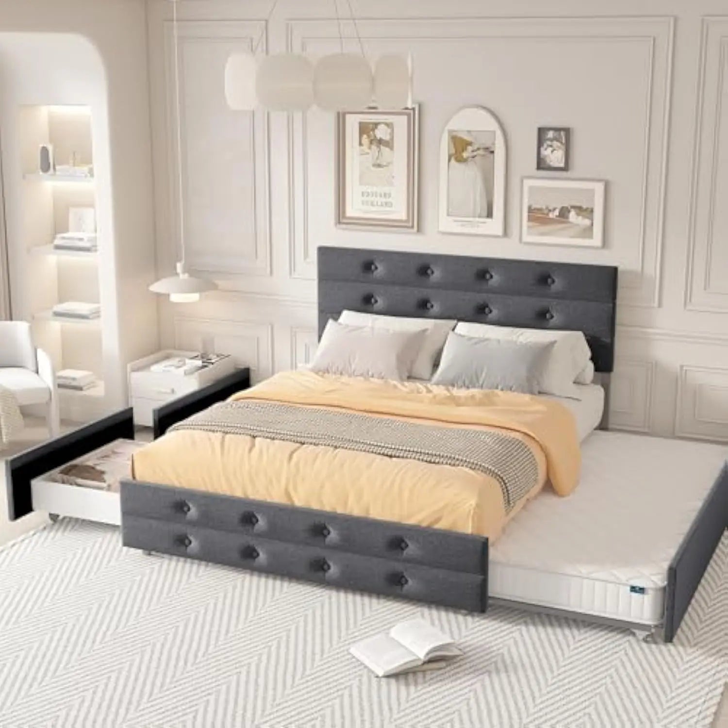 Upholstered Queen Size Platform Bed Frame with Storage Drawers & Trundle – Button Tufted Headboard