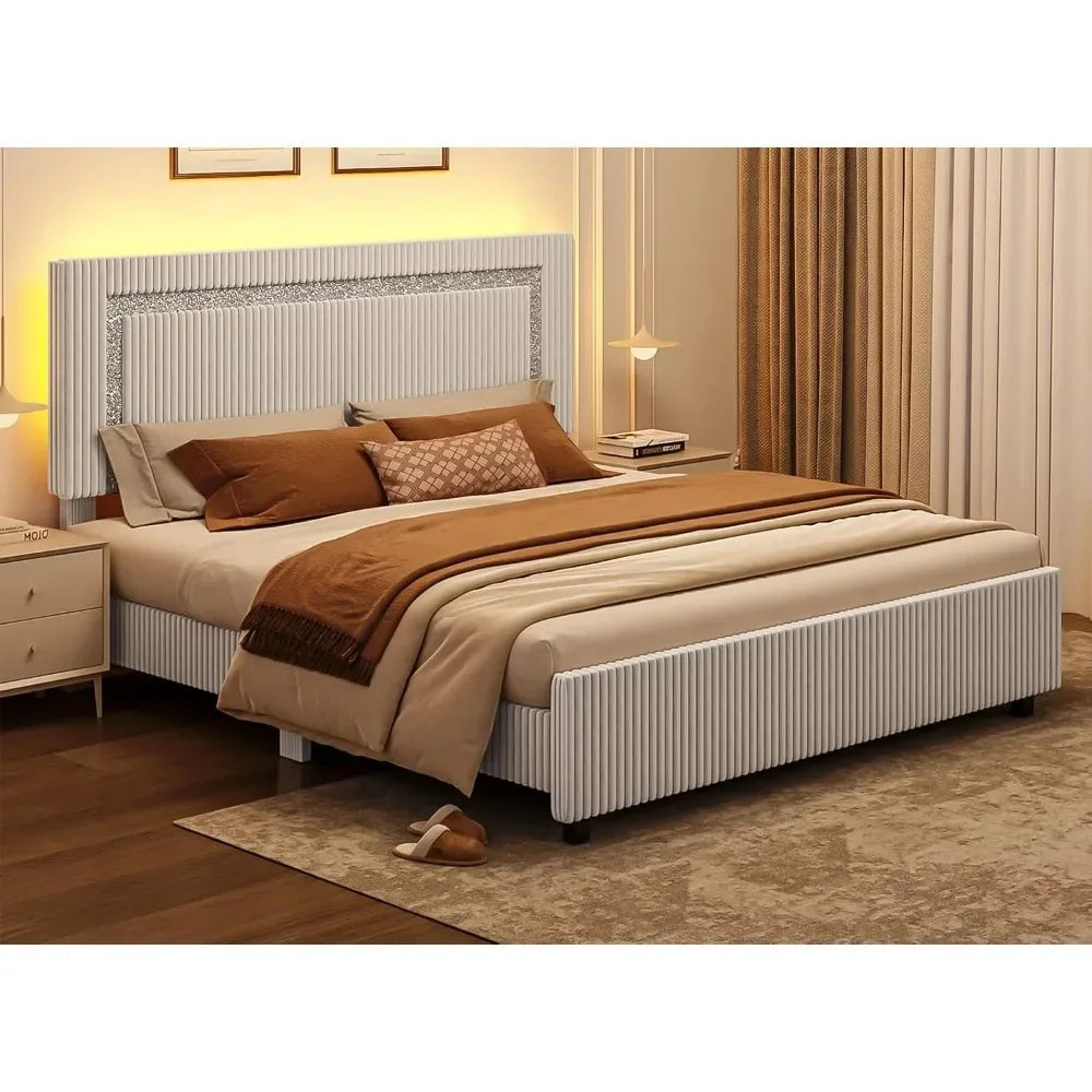 Full Size Corduroy Upholstered Bed Frame with Headboard – LED Platform Bed with Silver Glitter Trim
