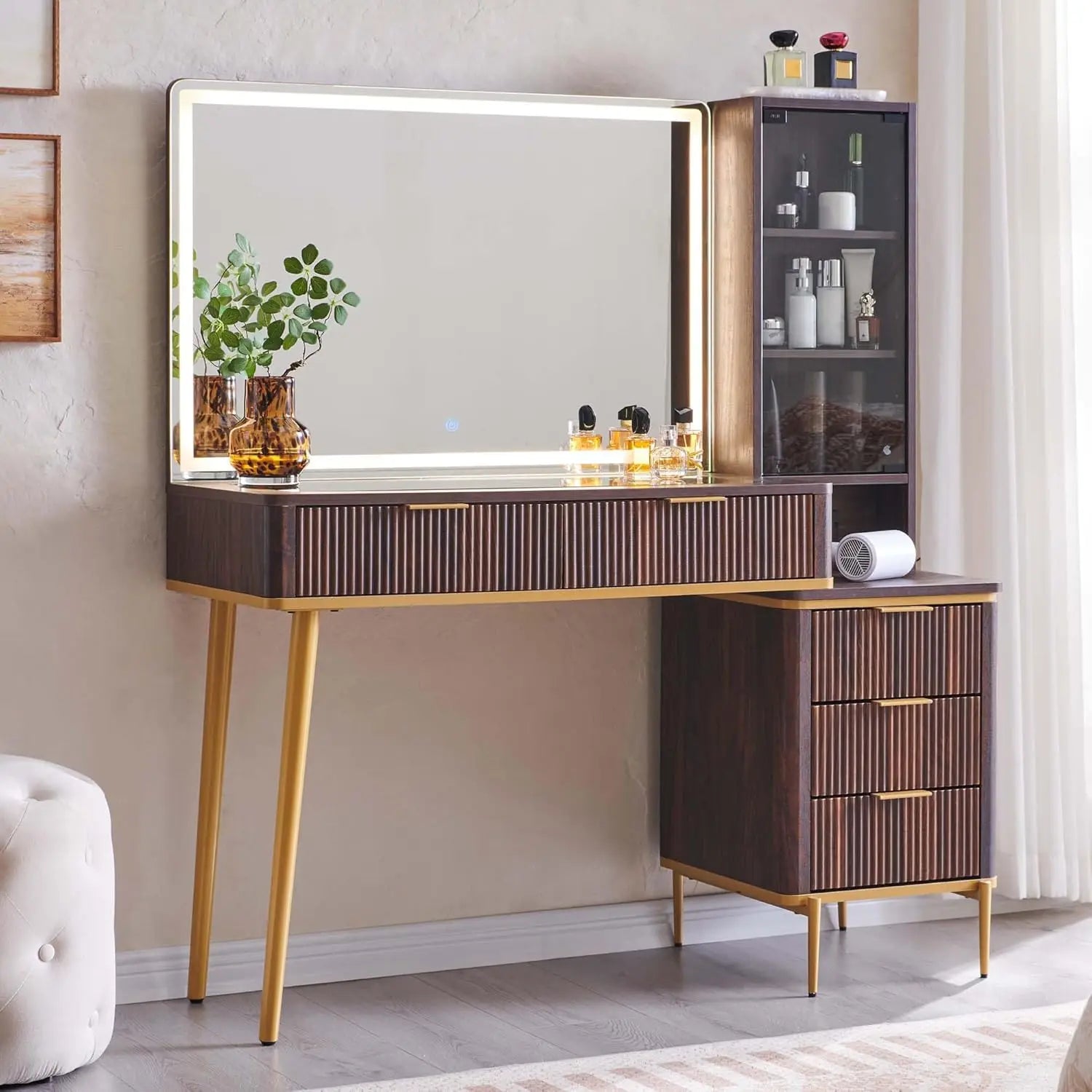 Fluted Makeup Vanity Desk 48' with HD Lighted Mirror, 5 Drawers & Shelves, Glass Top, Dark Walnut