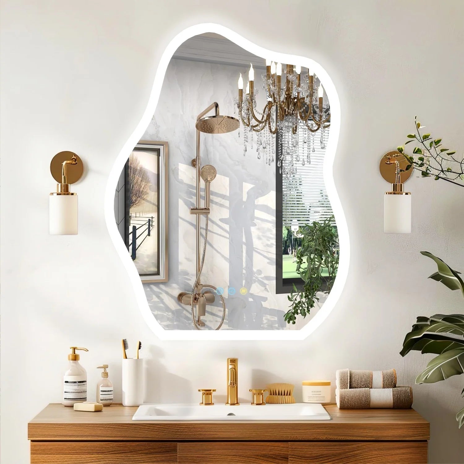 600x80CM Irregular LED Bathroom Mirror Backlit Makeup Vanity Mirror for Wall Bathrooms Dimmable Fast Defogging Ultra Bright
