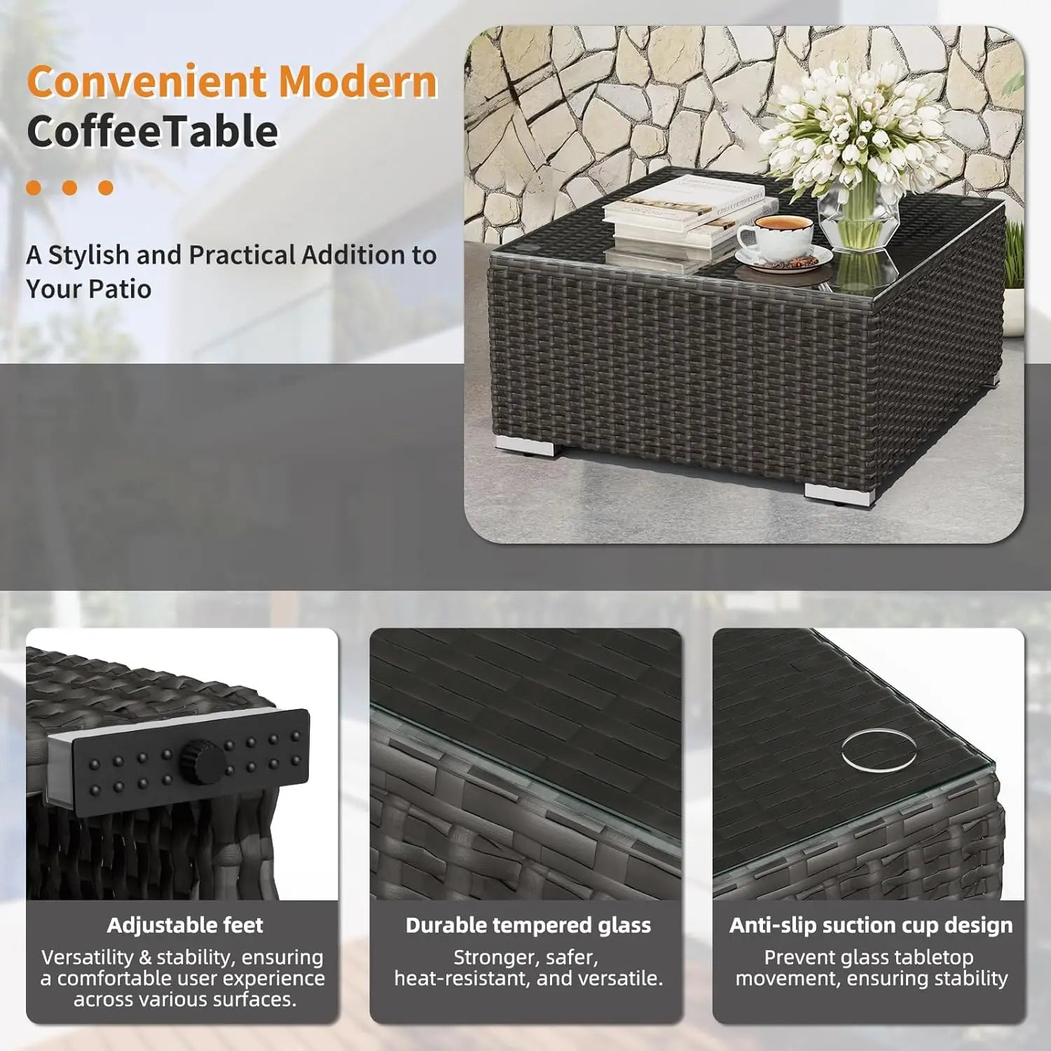 7-Piece Outdoor Black Rattan Wicker Sectional Conversation Sets Patio Furniture Sofa Set with Cushions and Glass Top Table(Grey)