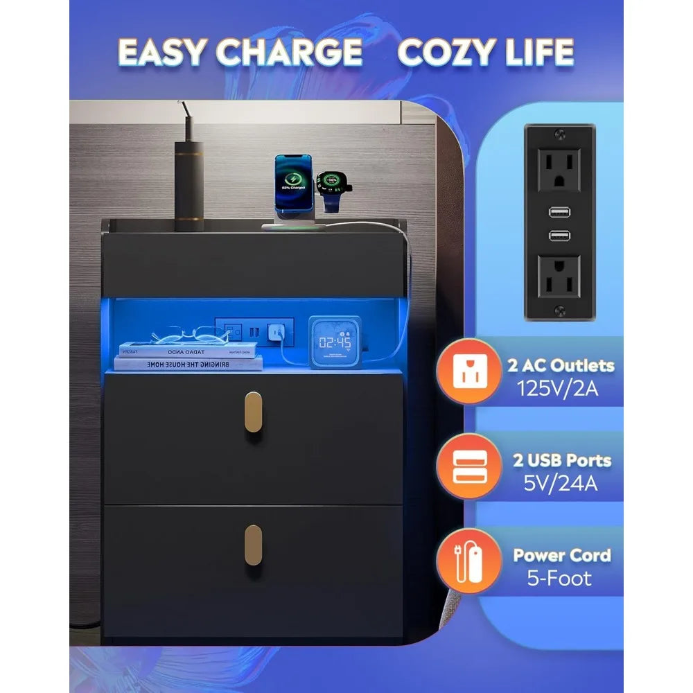 Nighstand with Charging Station, Night Stand with Sliding Top and Drawers, Modern Bedside Table End Tables with Hidden Space