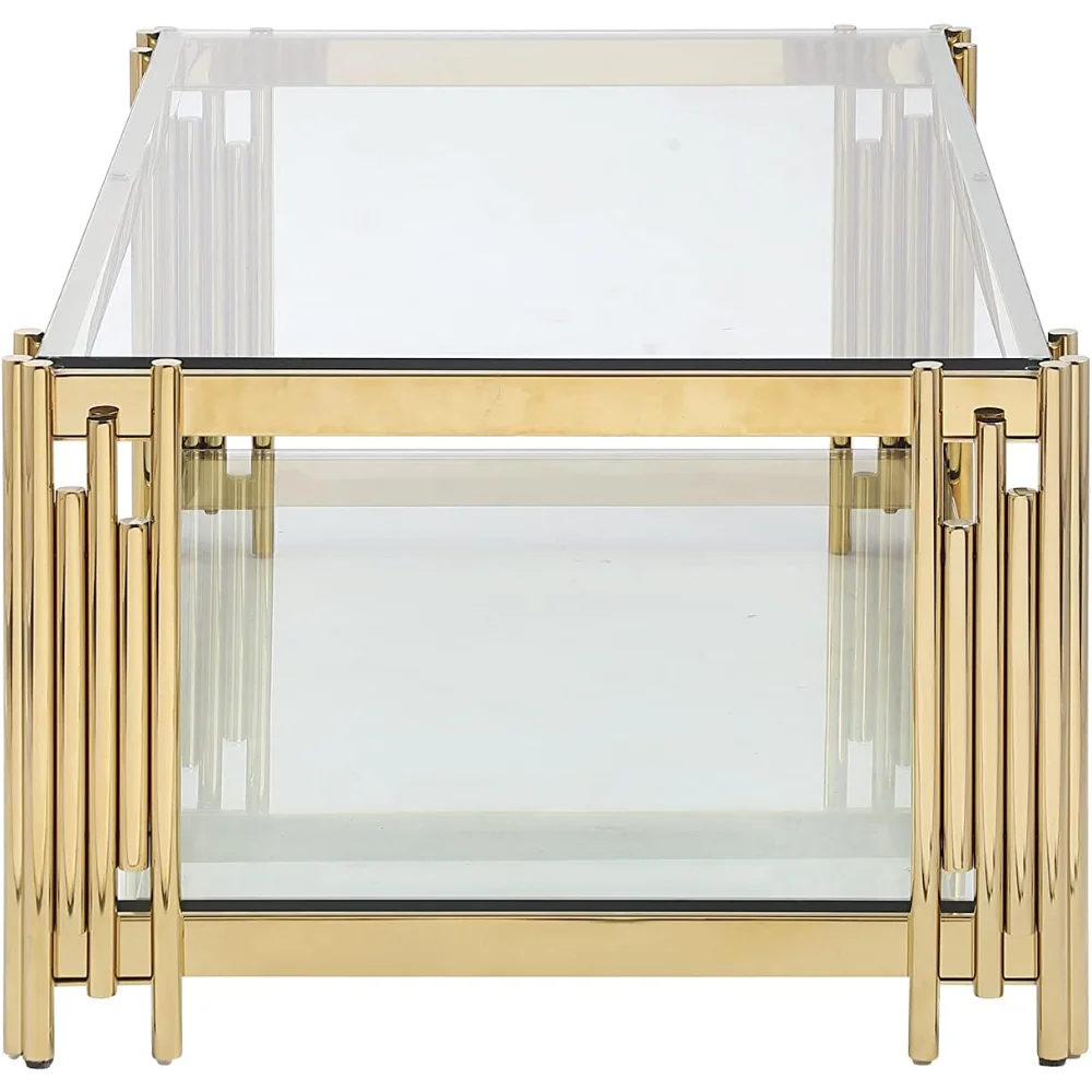 48” Gold & Glass Rectangular Coffee Table – Modern Center Table with Stainless Steel Legs