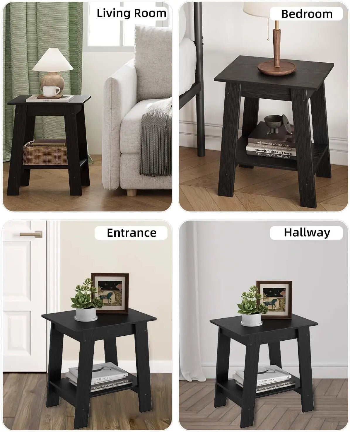 End Table, Wooden Side Table, Small Minimalist Bedside Table, Night Stand with 2-Tier Storage Shelf, Sofa Table for Small Space,